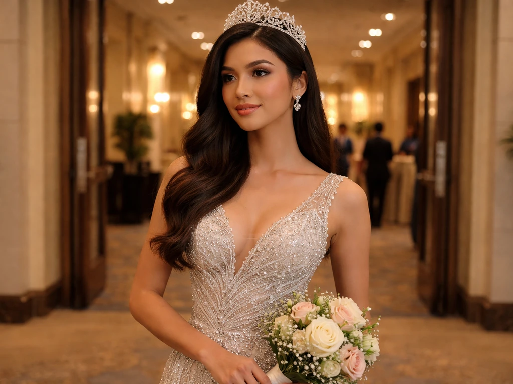 An elegantly dressed beauty queen with a tiara holding a bouquet at a softly blurred ballroom entrance.