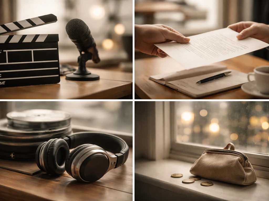Minimal collage of a clapperboard, microphone, contract exchange, coins, and media items symbolizing entertainment incom