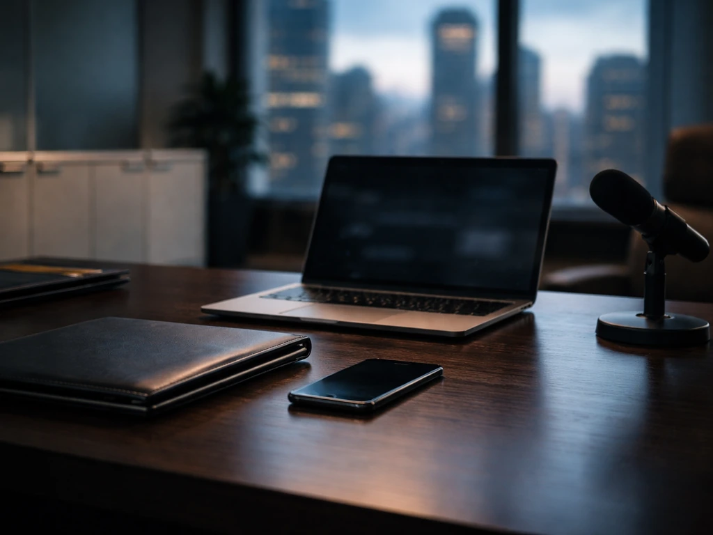 Minimal office desk with blurred laptop and microphone, suggesting private intelligence and financial analysis.