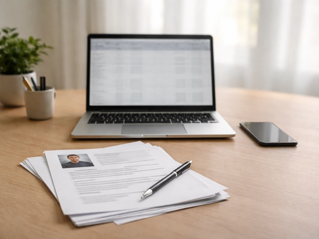 Minimal desk scene with laptop, phone, and documents suggesting identity verification for net-worth research
