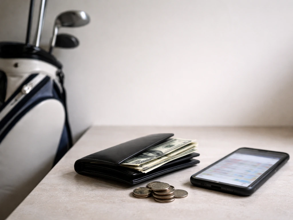 Minimal photo of a golf bag with a wallet and a smartphone displaying an anonymous earnings-style list