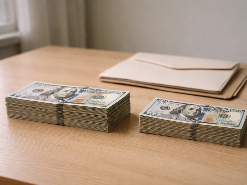 Minimal desk scene showing two separate stacks of cash and a tax receipt folder to suggest gross vs net.