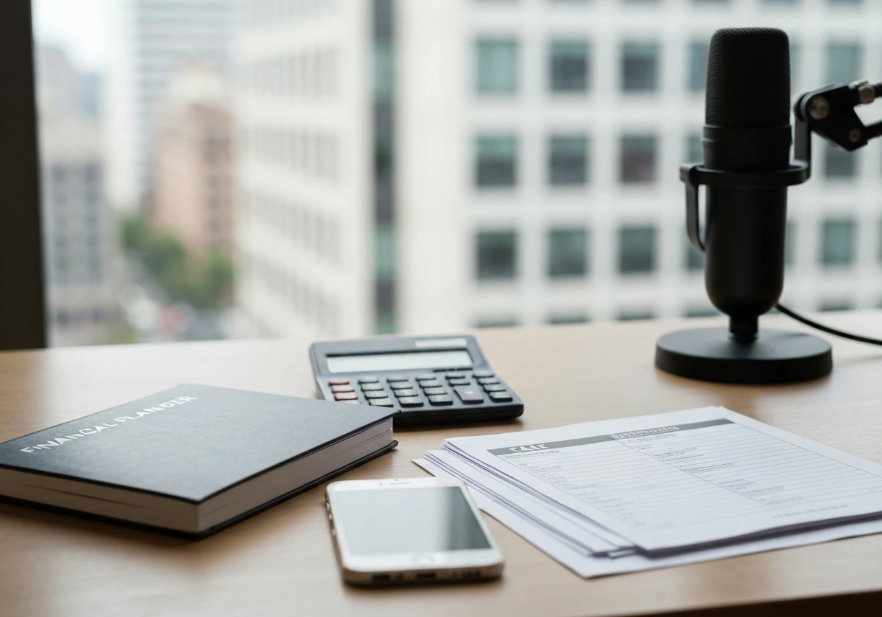 Minimal desk with calculator, notebook, studio microphone, and blurred city view—symbolizing net-worth estimate building