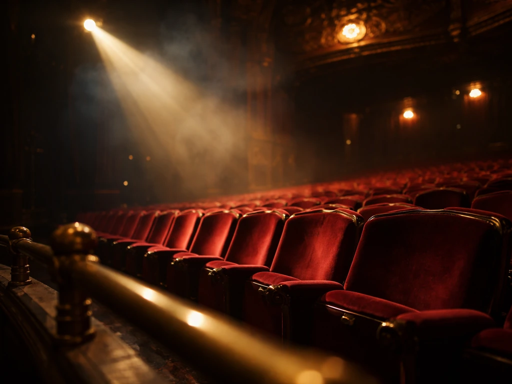 Dim theatre auditorium with red seats and a warm spotlight beam, hinting at major stage success