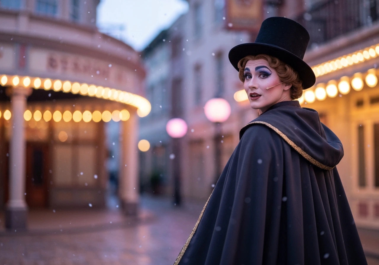 Costumed performer in a magical theater setting with soft lights and bokeh, no text or logos.