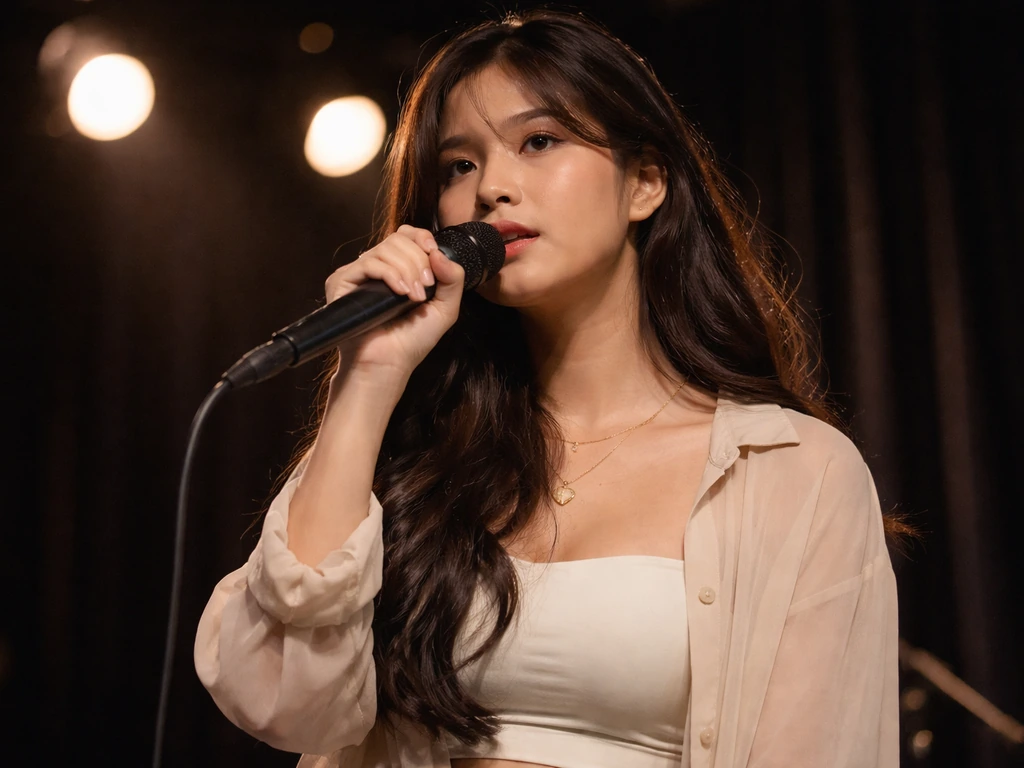 Anonymous Filipino female performer singing into a handheld microphone under warm stage lights.