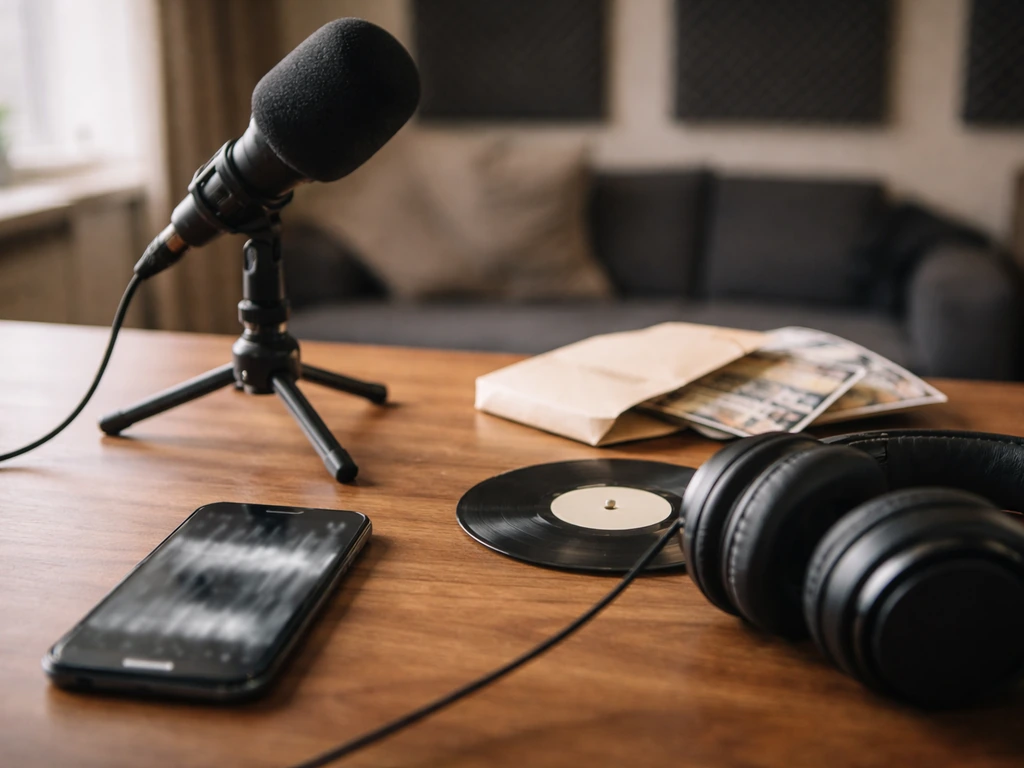 Studio desk with microphone, headphones, vinyl, and small cash items suggesting music income streams.