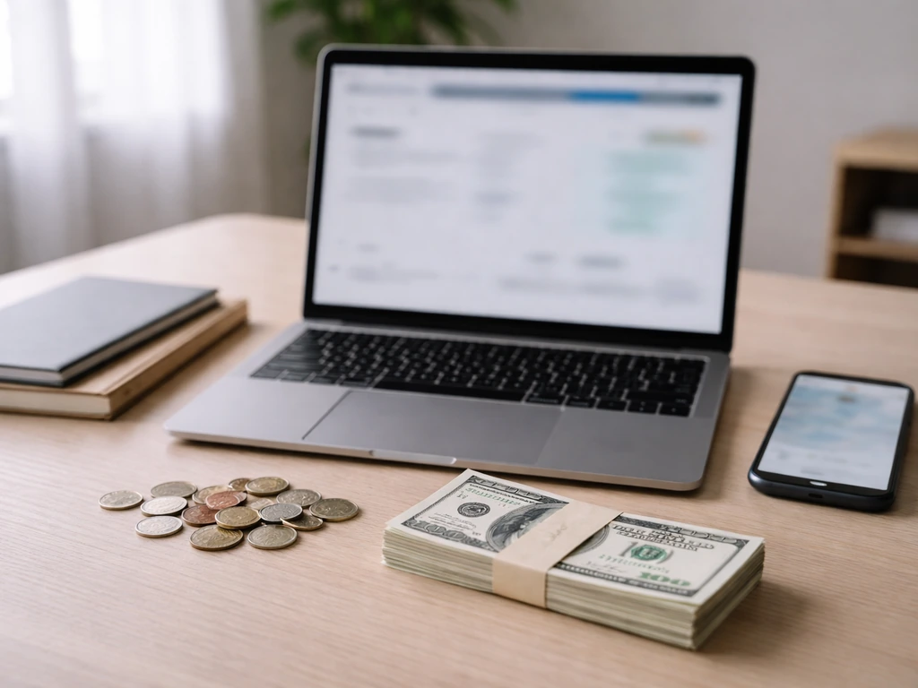 Minimal desk with blurred laptop and phone, coins and cash suggesting differing net-worth sources