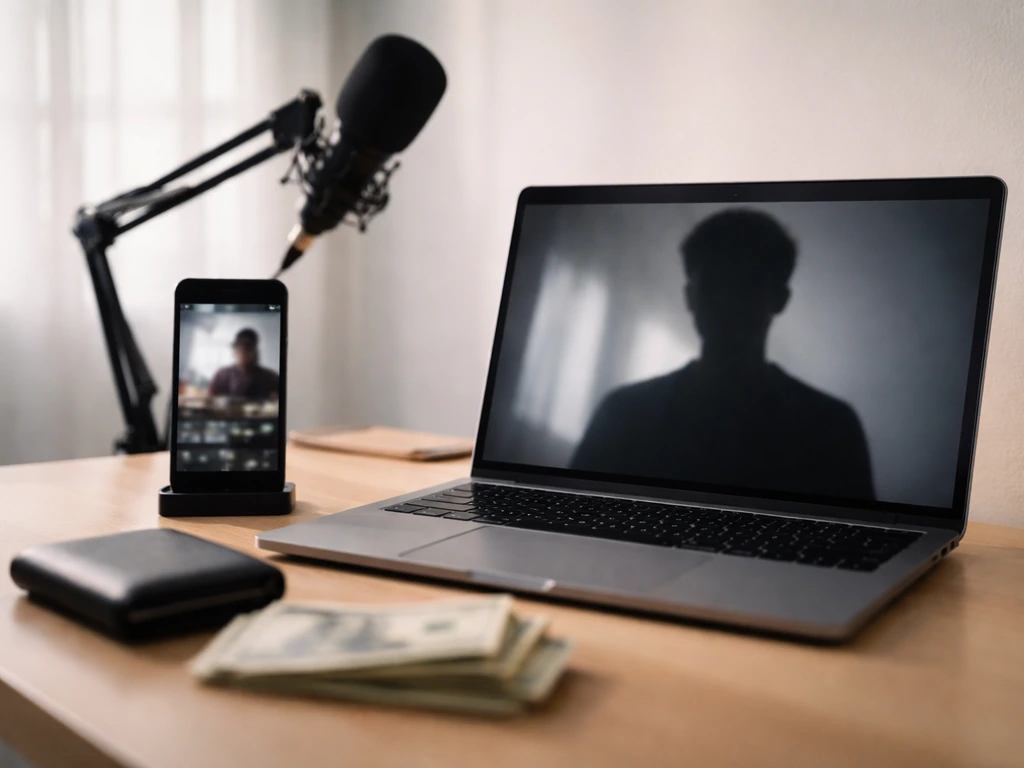 Anonymous influencer media desk with laptop, smartphone, cash, and a microphone symbolizing net worth analysis