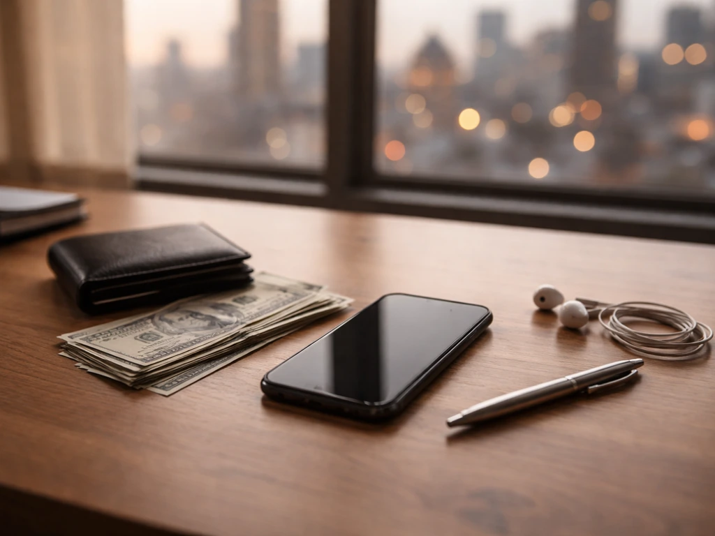 A minimalist desk scene with scattered cash and a smartphone beside a small wallet, symbolizing a net worth estimate ran