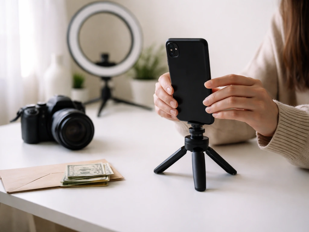 Anonymous hands filming a reel setup at a desk with a smartphone, ring light, and cash envelope symbol