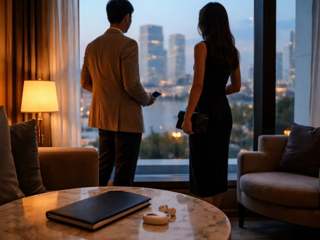 Two anonymous influencers in a modern hotel lounge near a window, city lights and media lifestyle vibe.