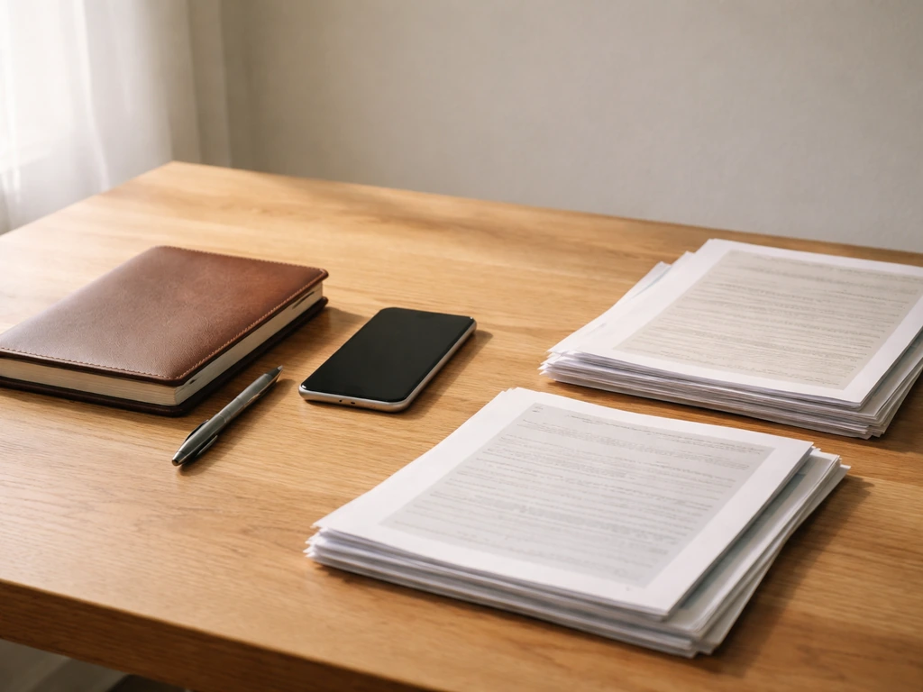 Minimal desk scene with a notebook, smartphone, and scattered documents suggesting comparing net worth sources