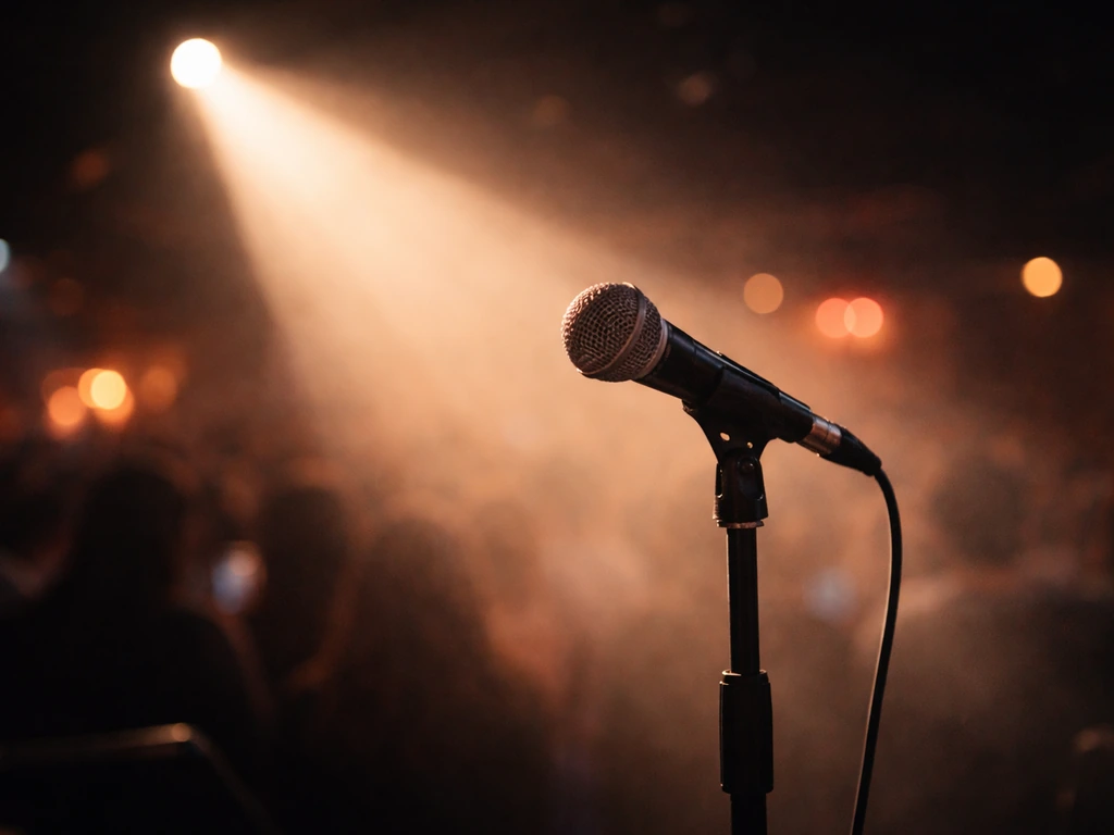 Stage microphone under a spotlight with blurred audience lights, suggesting live performance and media energy.