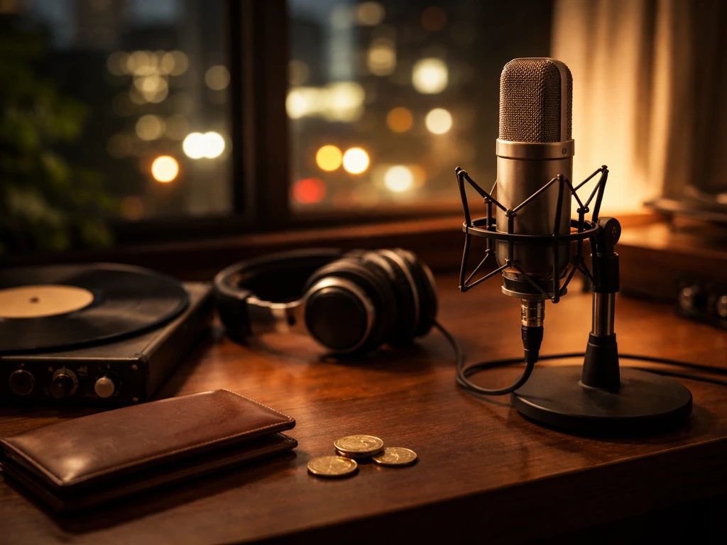 Empty music studio desk with a microphone, headphones, and coins symbolizing net worth interest