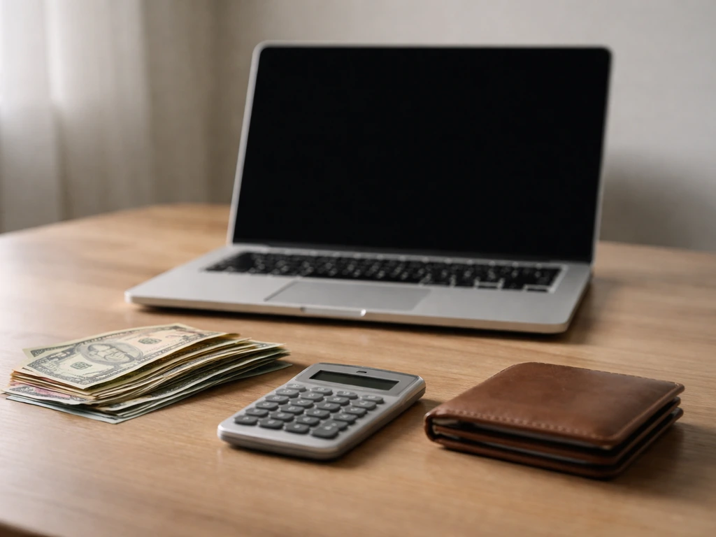 Minimal desk scene with currency and a calculator, symbolizing an estimated net worth range.