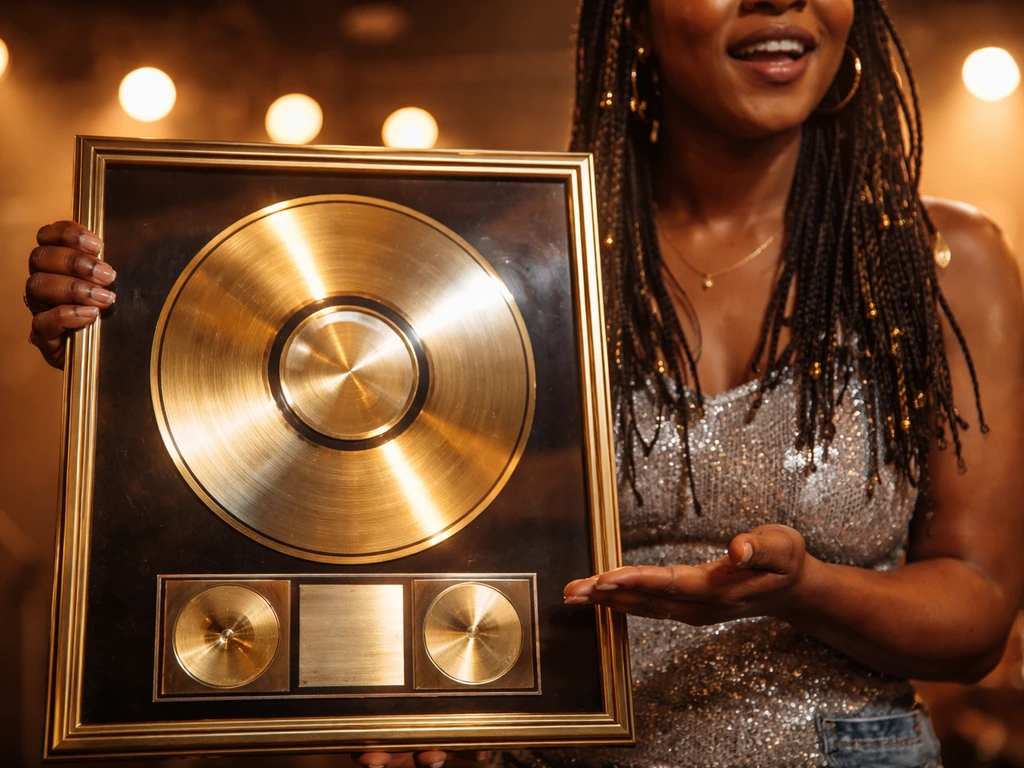 Close-up of an anonymous singer holding a gold/platinum certification plaque in a softly lit venue.