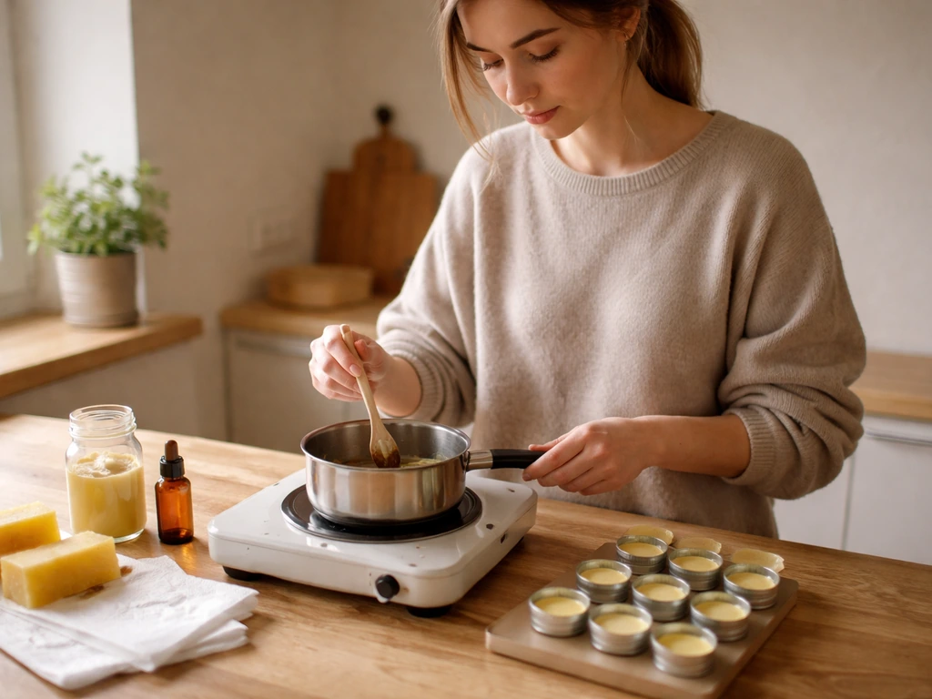 Anonymous young founder-like figure making homemade lip balm at a kitchen counter with tins and ingredients.