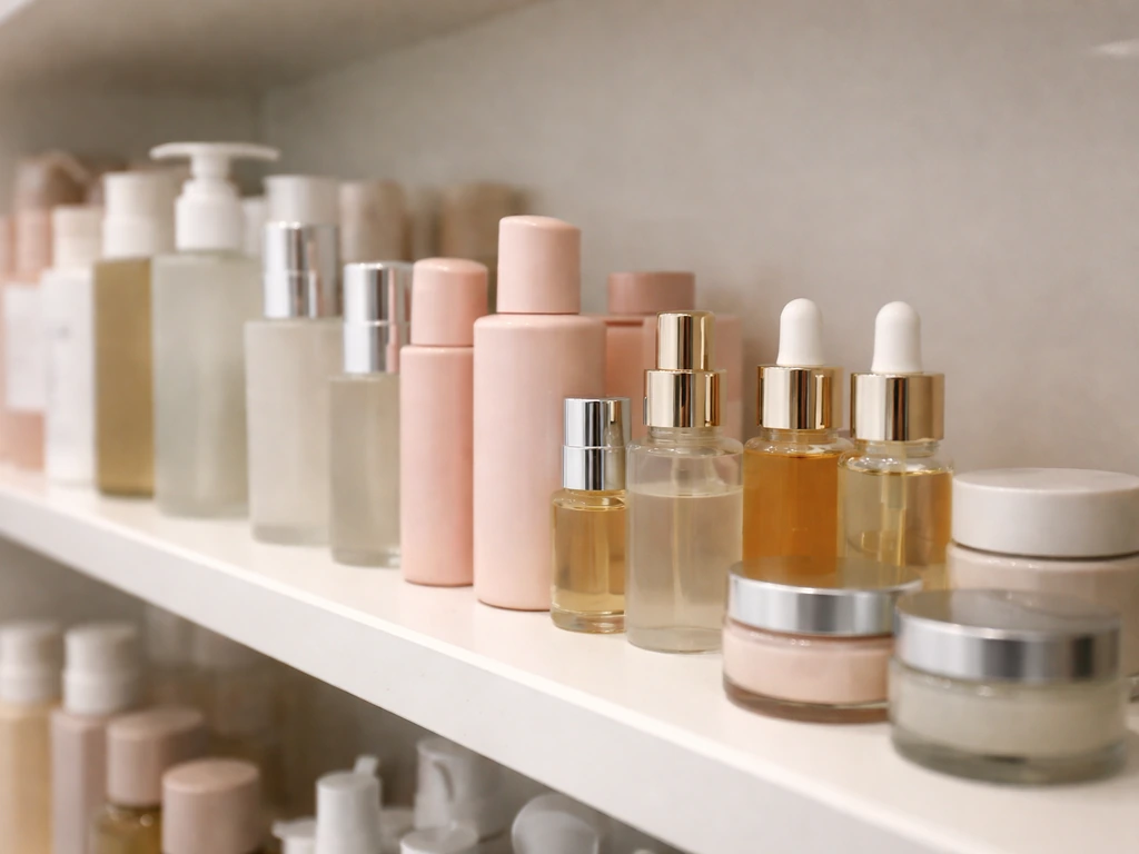 Close-up of beauty skincare and cosmetics products neatly arranged on a retail shelf.