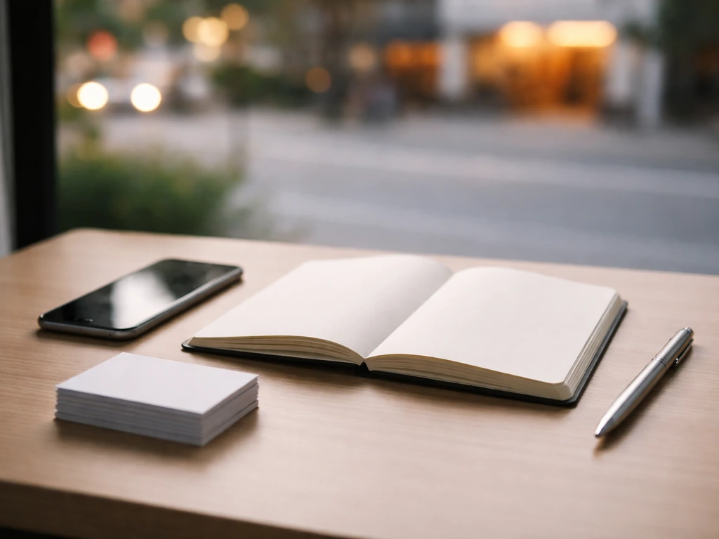 Minimal desk with phone and notebook, with blurred city and retail storefront in the background