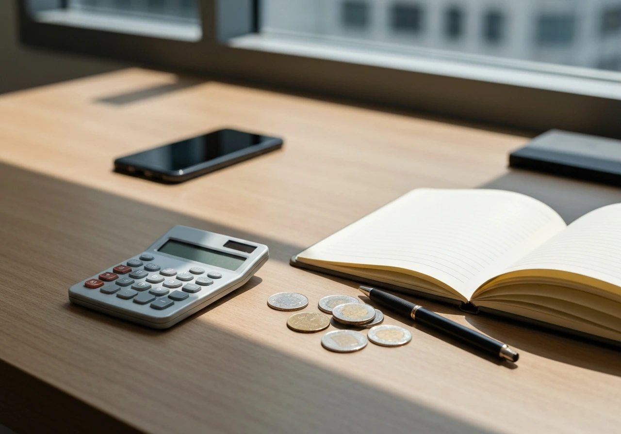 Minimal photo of a tidy desk with a calculator, notebook, and scattered coins near a blurred office window