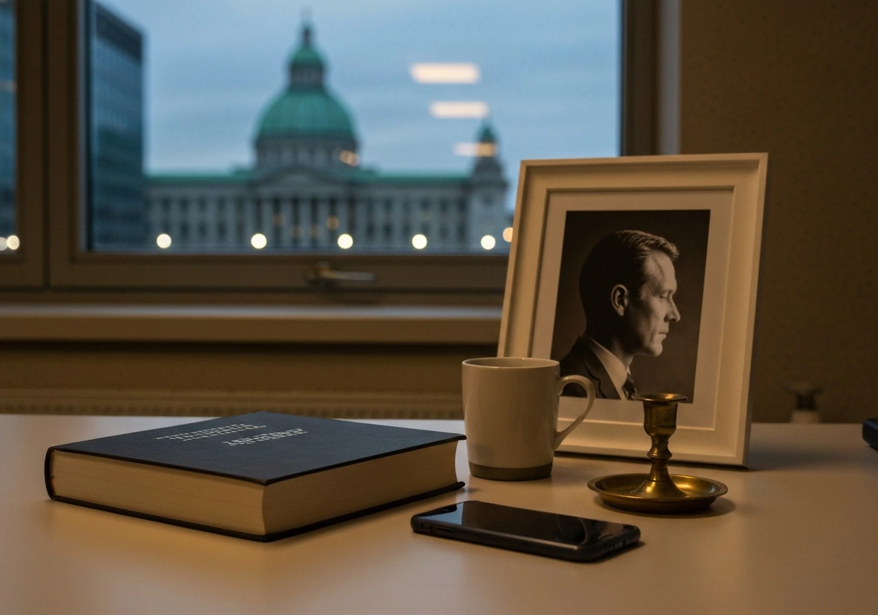 Minimal office desk with city lights and legacy-themed objects, symbolizing thoughtful public-profile analysis