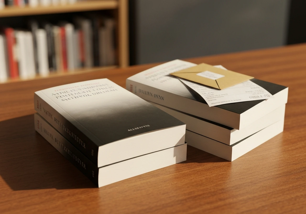 Close-up of a paperback book on a wooden table with a few neatly stacked copies, softly lit.