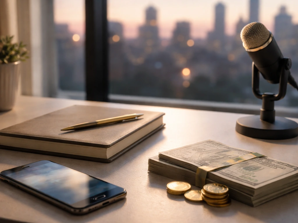 Minimal desk scene with smartphone, gold coins, cash, and a studio microphone suggesting net-worth estimation.