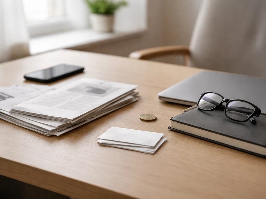 Clean office desk with printed clippings, documents, and finance-related items symbolizing evidence-based estimating.